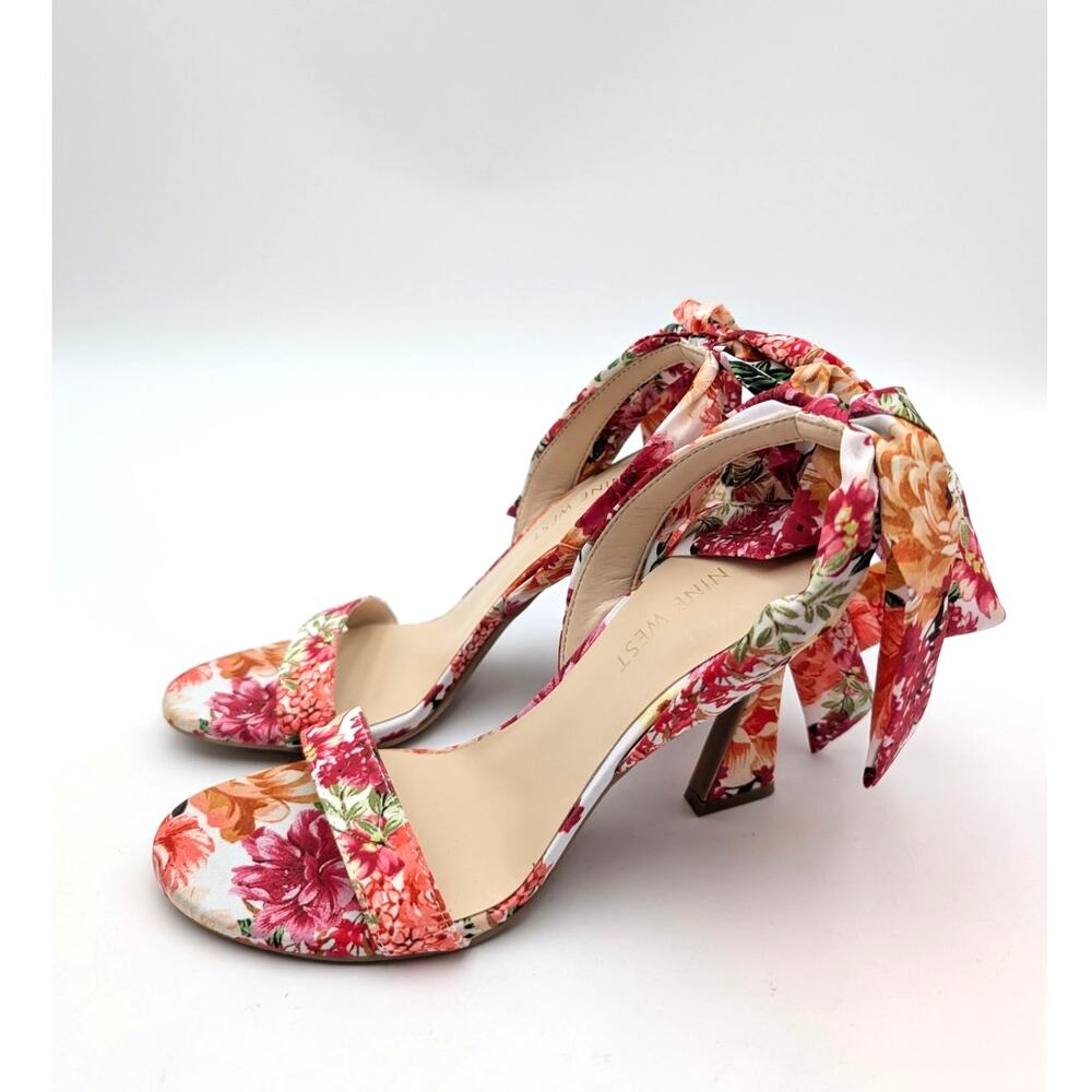 Nine West Kobs Ankle Tie Heel Sandal Women's White Floral Size US6M EU36.5